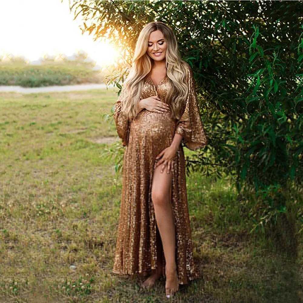 Boho Maternity Dress Sparkling Sliver For Photography Maternity Photography Outfit Maxi Gown Pregnancy Women Long Dress X250224