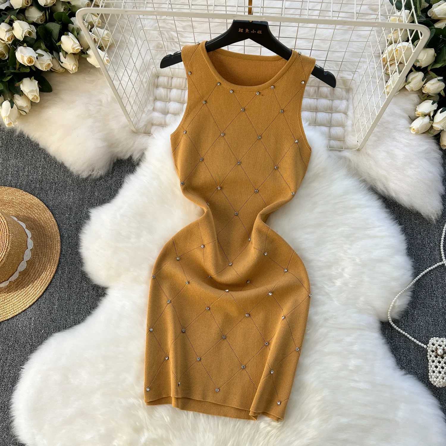 Beading Summer Womens Knitting Sheath Tank Dress Fe Bodycon Knitted Camisole Sveless Mini Dresses For Woman OutfitsXJ250224