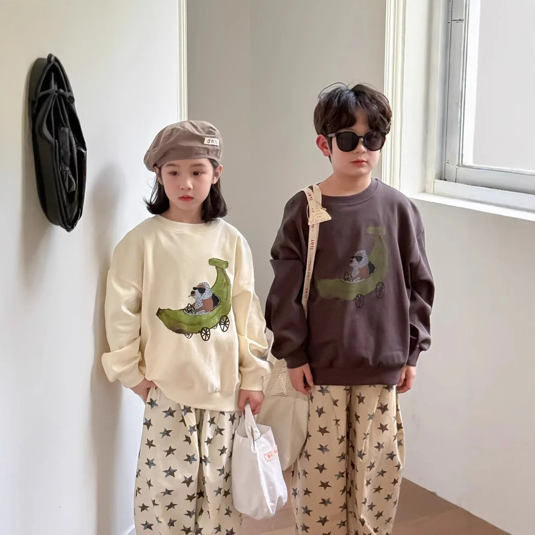 Spring Infant Baby Girl Twopiece Clothes Set Cotton Banana Pattern Sweatshirt Outfit Star Print Straight Pant Kid Suit 250221