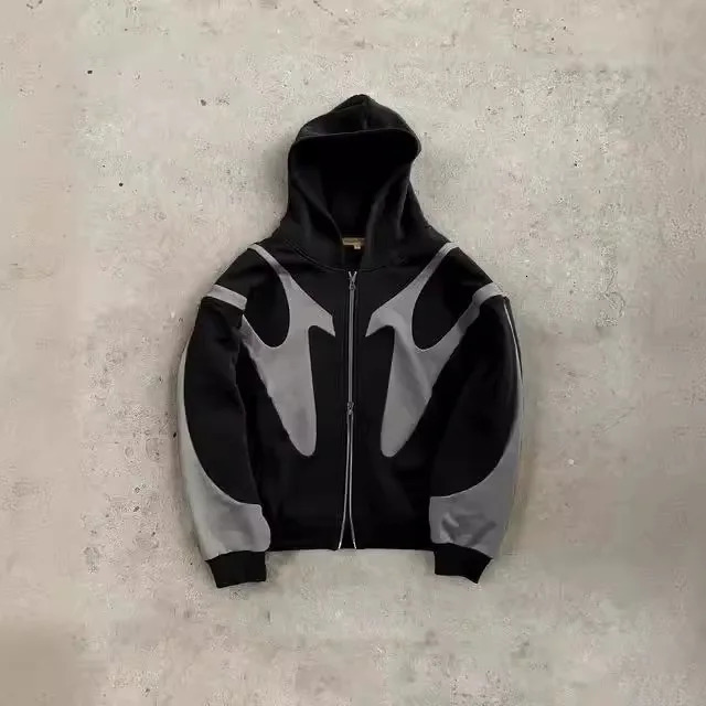 American Retro Autumn and Winter Street Splicing Printed Mens Hoodie Casual Trend Versatile Jacket 250224