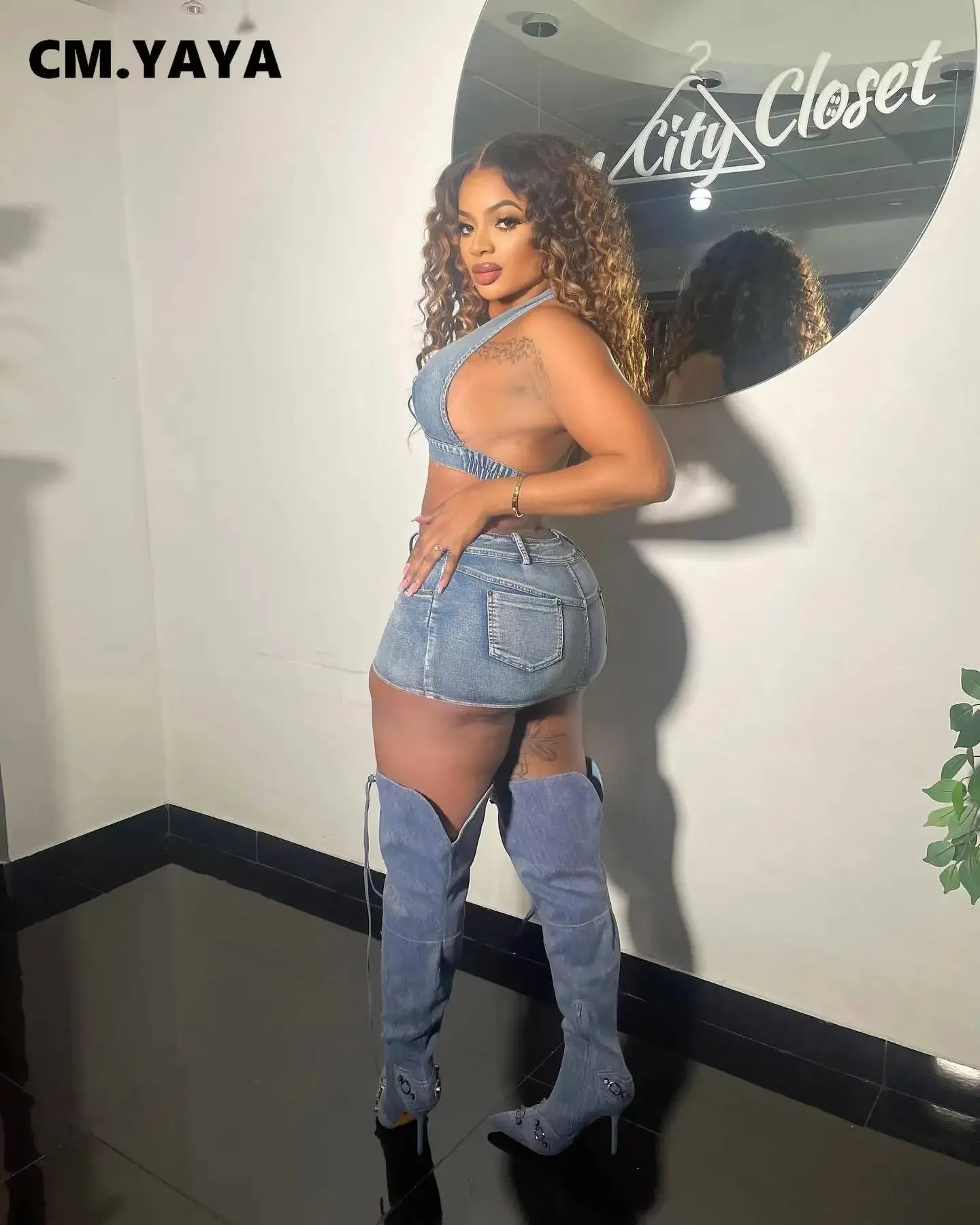 CM.YAYA Summer Denim Women Set Sleeveless Halter Vest Tops and Jeans Skirts Street Backless Two 2 Piece Sets Outfit Tracksuit 250224