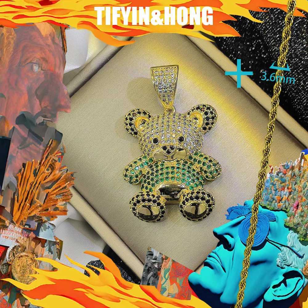New 18K gold-plated necklace paired with teddy bear diamond pendant high-end custization hip-hop rap decoration trendy gift X250224
