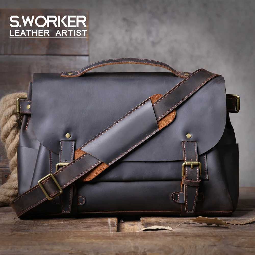 Vintage Genuine Leather Mens Messenger Bag 14 Briefcase Laptop Bags Crazy Horse Leather Handbag Satchel Cowhide Casual Z250225
