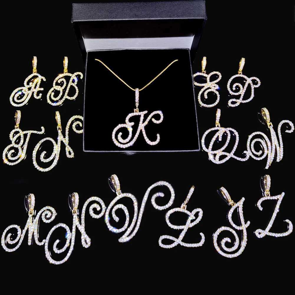 Fashion 26 Cursive Initial Letter Zircon Pendant Necklace For Wen Shiny Crystal Alphabet Rope Chain Necklace Hip Hop Jewelry X2502241