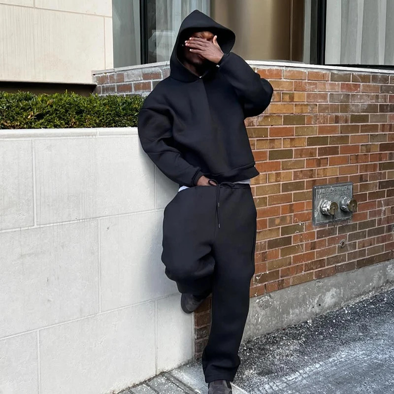 Mens Hoodie Set Solid Color Simple Sports Style Pullover Casual Loose Chic High Quality Two-piece Comfortable Warm Top 250225