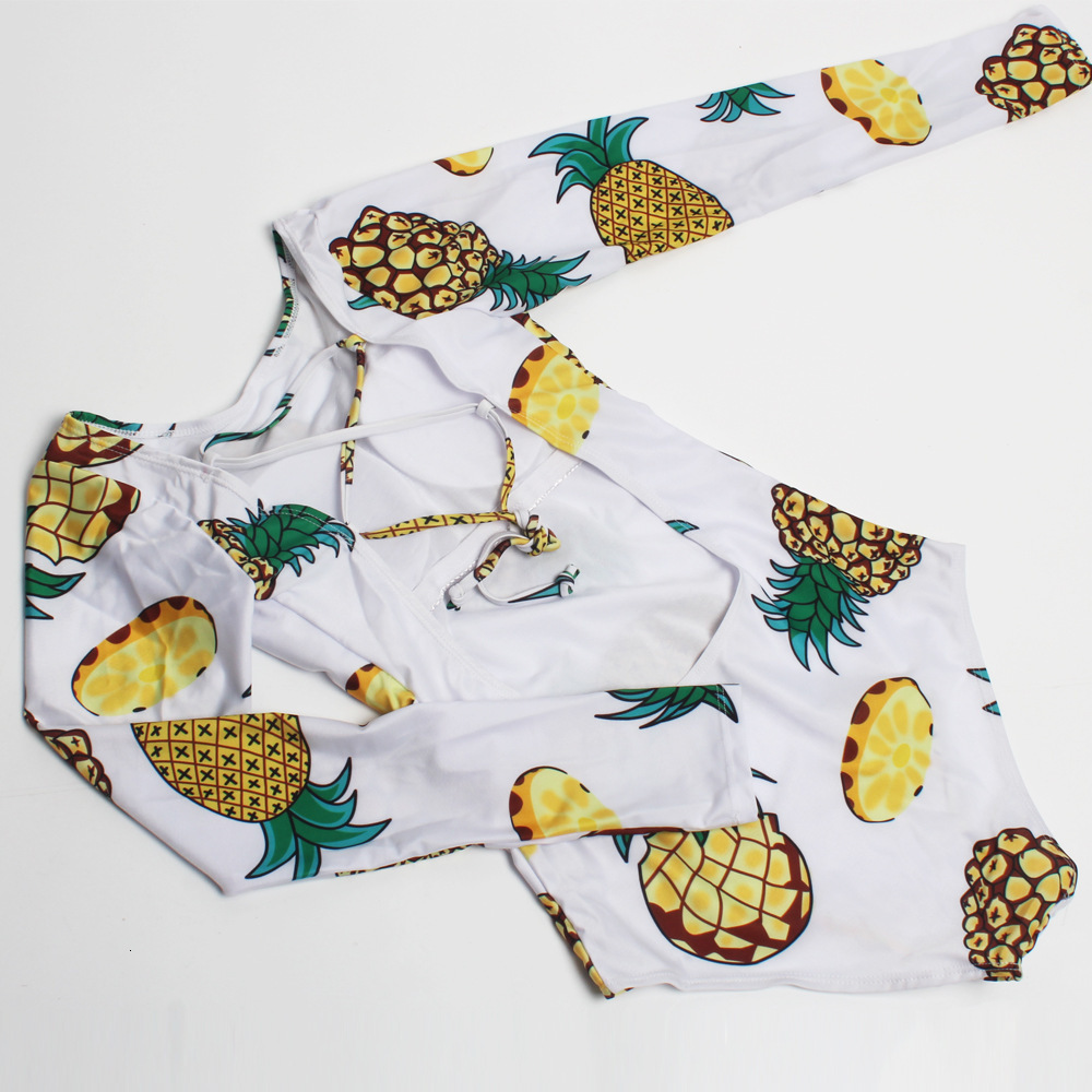 designer swimwear Tropical Rainforest Wind Women's Beach Sunscreen Pineapple Coconut Tree Pattern jumpsuit Long Sleeve Surfing Swimsuit