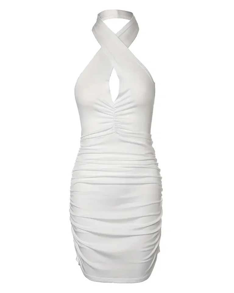 CHAXIAOA 1 Piece Summer 2022 Women New Sexy Halter Sveless Ruched Bodycon Fashion Mini DressXJ250224