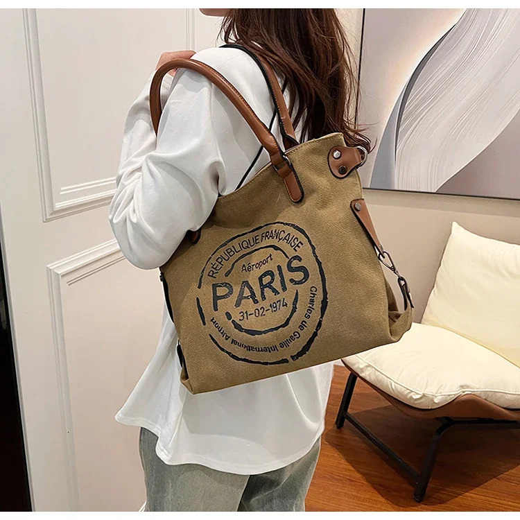 Large Retro Canvas Tote Bag Adjustable Shoulder Strap Vintage Paris Stamp Print Stylish Crossbody for Women 250221