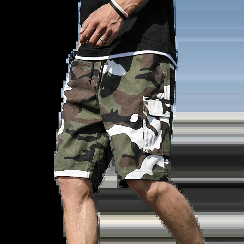 Summer Mens Outdoor Camouflage Cargo Shorts Pocket Cotton Casual Half Pants Mid Waist Drawstring Loose Bib Overalls 7XL 250214