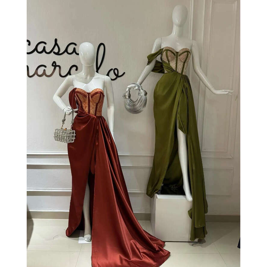 Olive Green Sheath Prom Dress Bone Bodice Beading Sweetheart Evening Dresses Satin Thing Split Backless Beauty Women Formal Gown