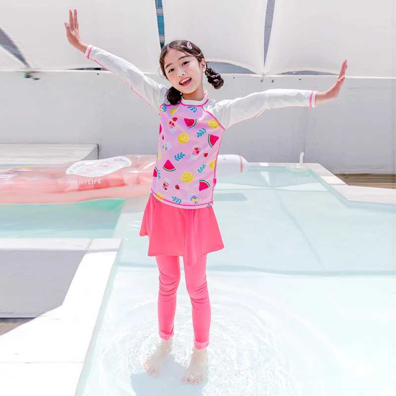 Korean girl sun protection quick drying swimsuit childrens swimsuit princess long sleeved trouser skirt two-piece swimsuit X250224