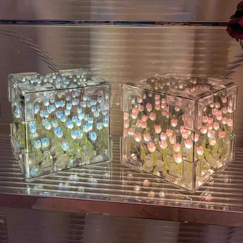 Hot Tulip Nightlight Handmade DIY Material Cube Tulip Mirror Bedroom Decor Atmosphere Lamp Valentines Day Birthday Gift Z250225