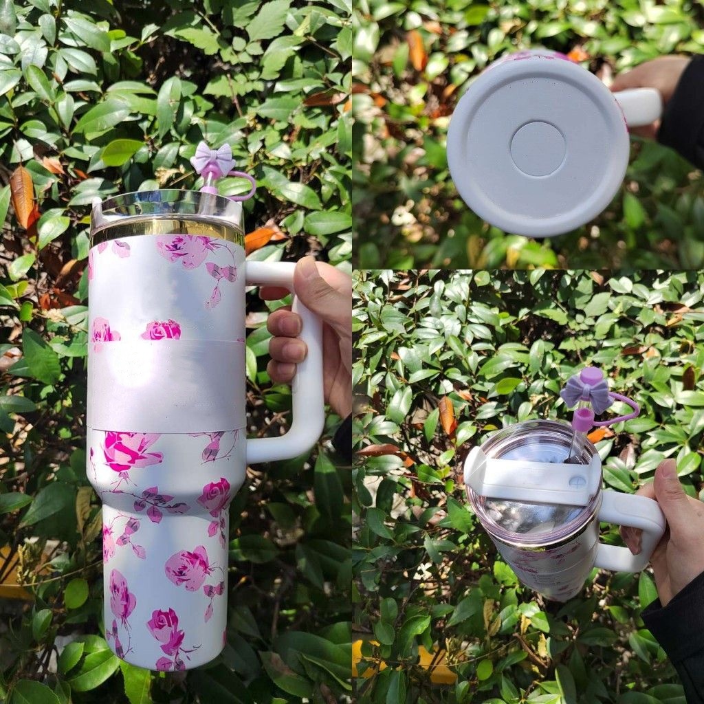 USA Local Warehouse 40OZ Designer Letter Cups Stainless Steel Tumblers With Hanlde Lids and Straw Purple Stars Pink Rose Floral Travel Car Mugs In Bro
