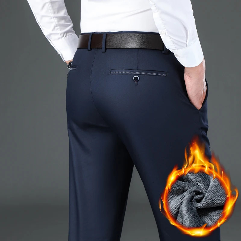 Flannel Thick Mens Casual Pants Navyblue Winter Fleece Business Stretch Warm Plush Trousers Slim Straight Male Pants 250214