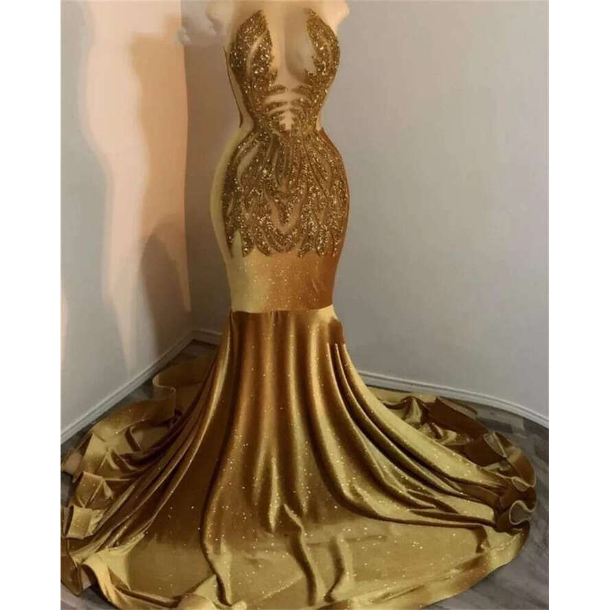 Sparkly Golden Veet Beading Sequins Mermaid Prom Dresses For Black Girls Sheer Neck Formal Party Dress Robes De Bal 322 Mal Mal