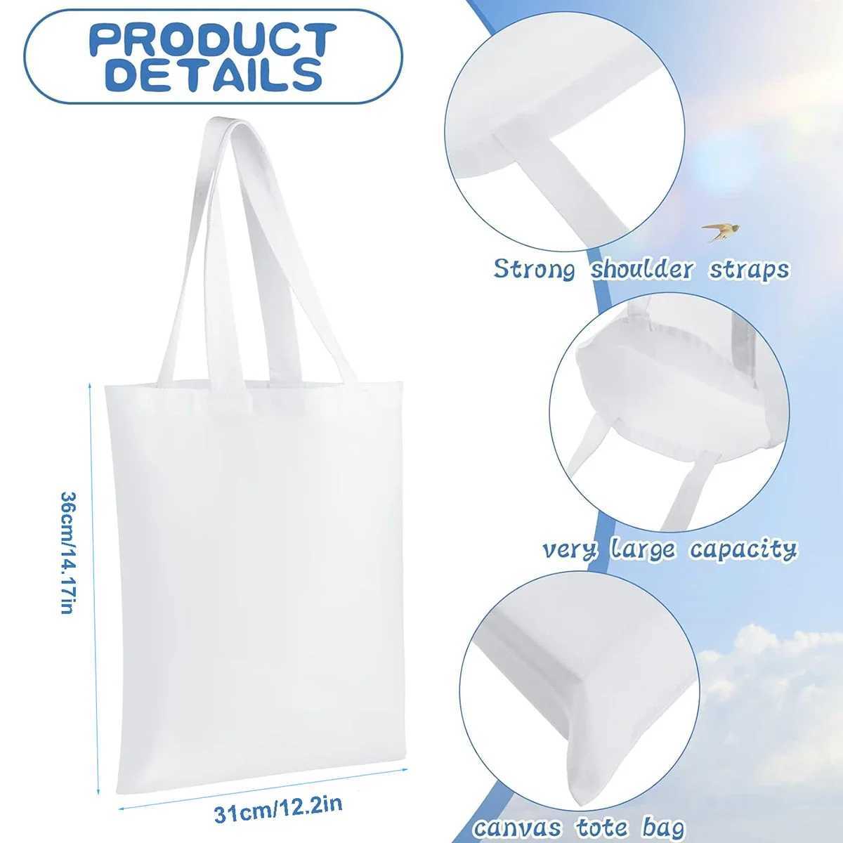 6pcs White Canvas Tote Bags Sublimaiton Hand Bag Storage Bag for Sublimation Printing and DIY Craft Projects Z250224