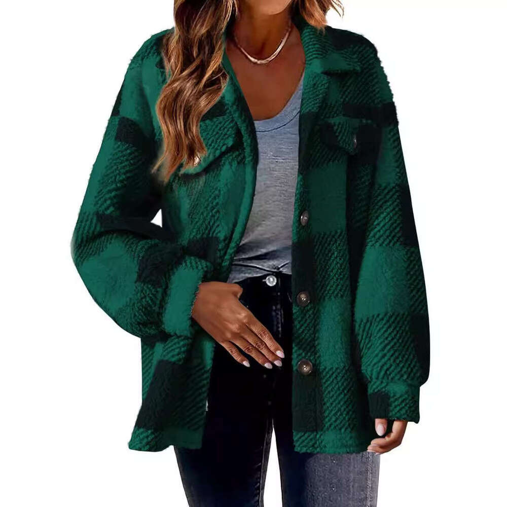 New Autumn Winter Women's Clothing With Pocket Plaid Lambskin And Button Down Plush Jacket