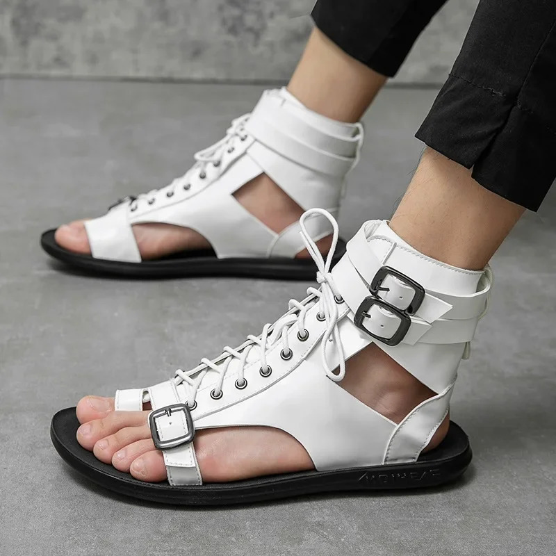 Summer Men Gladiators Lace Up Buckle Leather Casual Shoes Breathable Beach Sandals Outdoor Slippers Black White Plus Size 250224