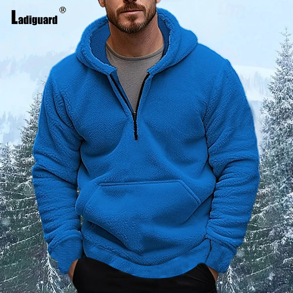 Winter Casual Plush Hoodies Mens Stand Pocket Sweatshirts European Style Fashion Zipper Sweatshirt Men Vintage Pullovers 250224