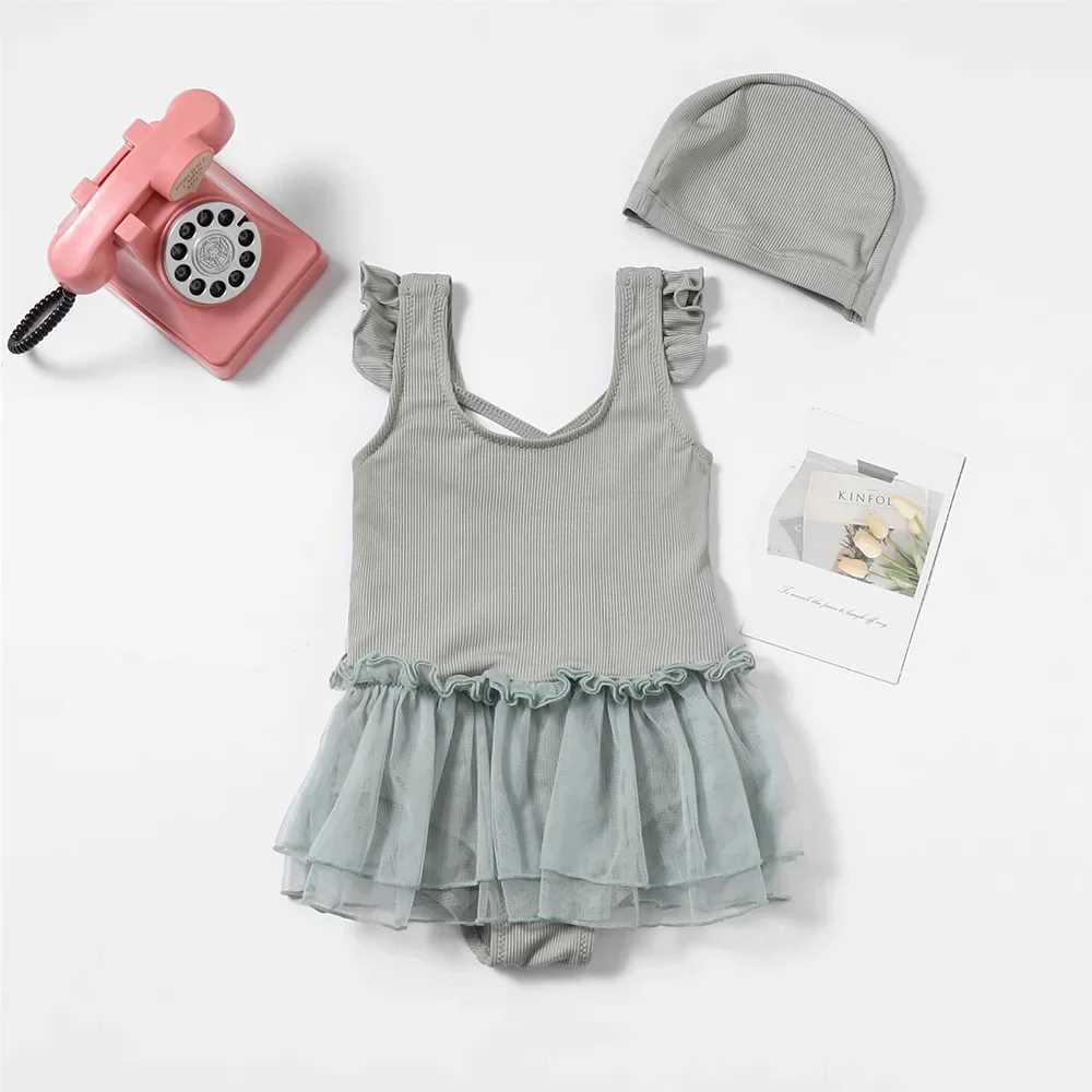 New Girls Swimwear Hat Set Fashion Sweet Children Solid Color Bow Swimsuit for Little Girls Kids Summer Soft Baby Swimwear X250224