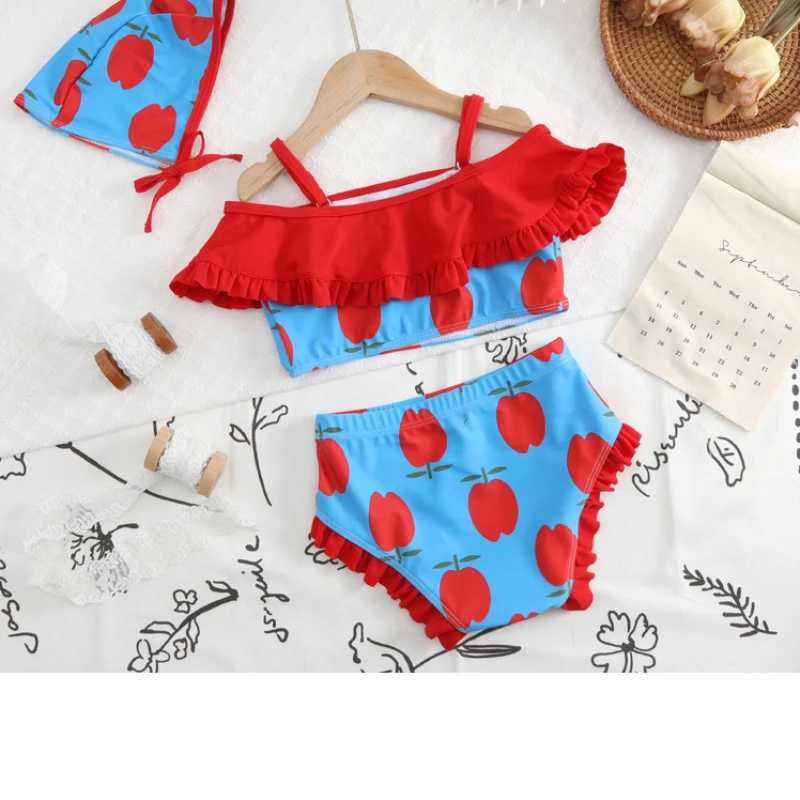 Infant Baby Girl Swimsuits Cute Apple Print Summer Sling Strap Crop Tops+Ruffle Tutu Shorts Toddlers Swimwear Beachwear with Cap X250224