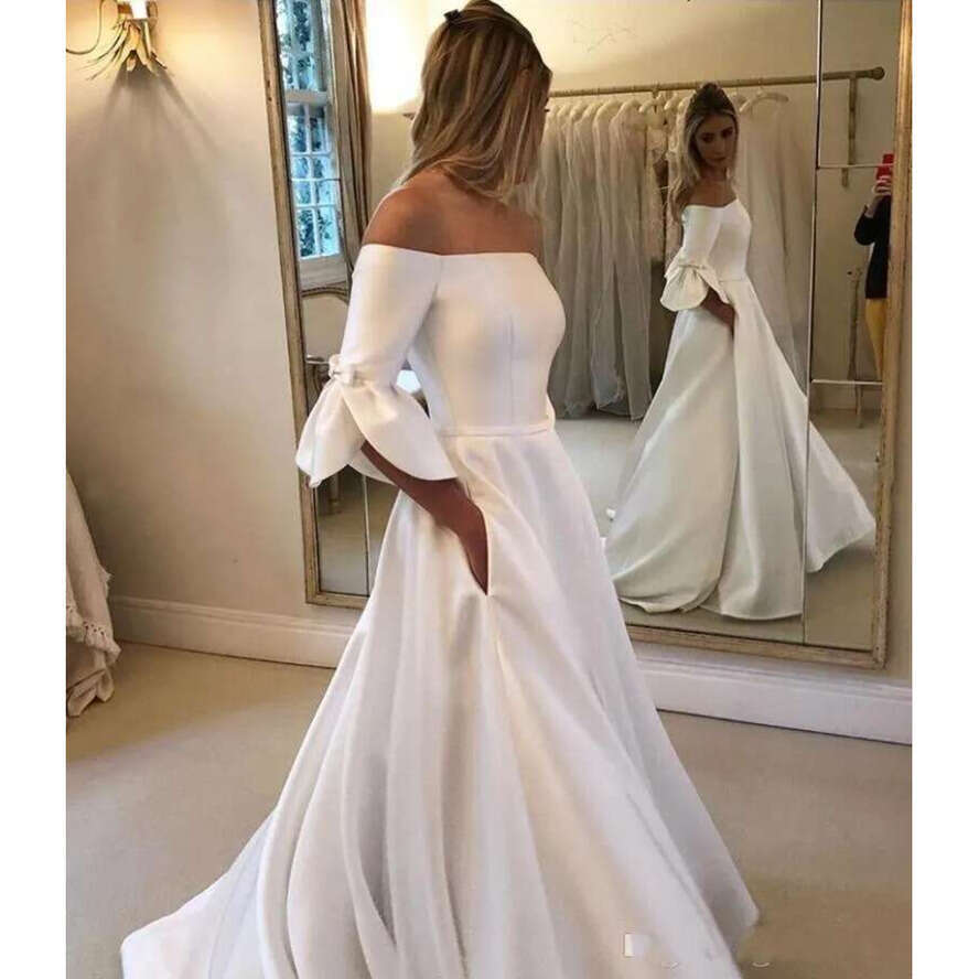 Simple Vintage A E Wedding Dresses Cheap Off Shoulder Satin Half Sleeves Plus Size Long Button Back Formal Bridal Gowns With Pocket