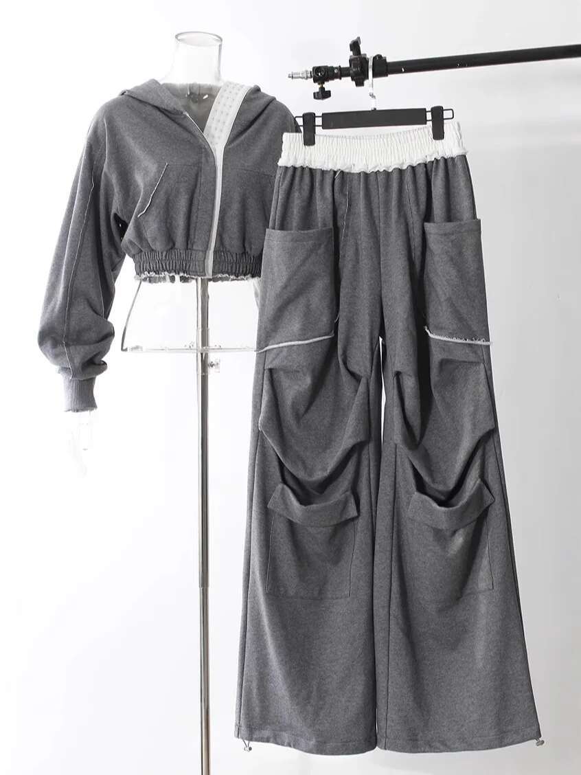 Getspring Women Pant 2025 Spring New Hooded Color Matching Short Coat High Waist Loose Long Wide Leg Pants Two Pieces Sets