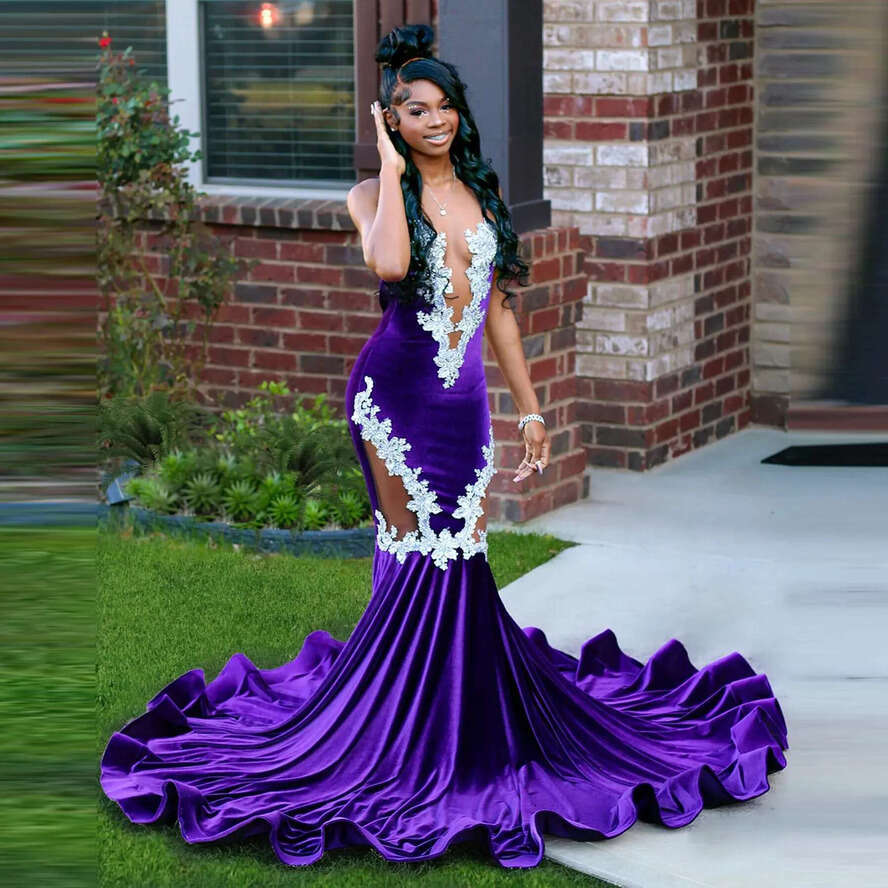 Sexy Lace Purple Mermaid Black Girls Prom Dress Veet Appliques Beads Sheer Mesh Party Gowns Vestidos De Fiesta Elegantes Para Mujer 0219 0510