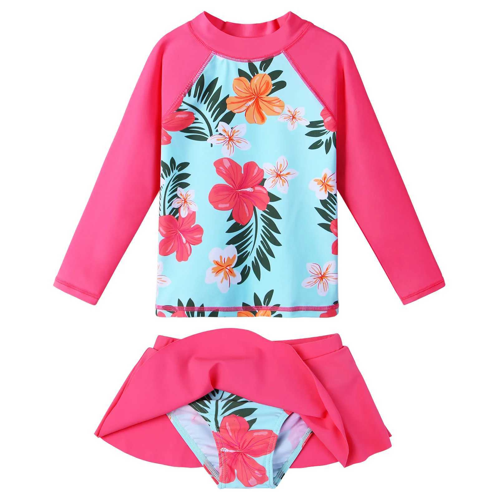 BAOHULU Girls Two Pieces Swimsuits with Skirt Set Long Sleeve Rash Guards UPF 50+ UV Protection Swimwear Sunblock Bathing Suit X250224