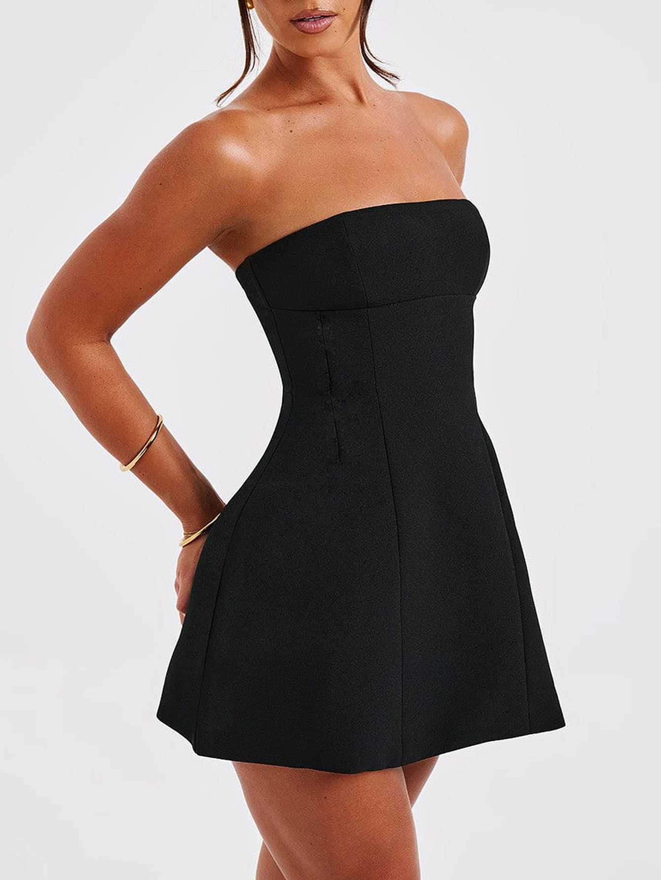 Womens solid color casual sveless backless strapless slim fit short dress party dressXJ250224