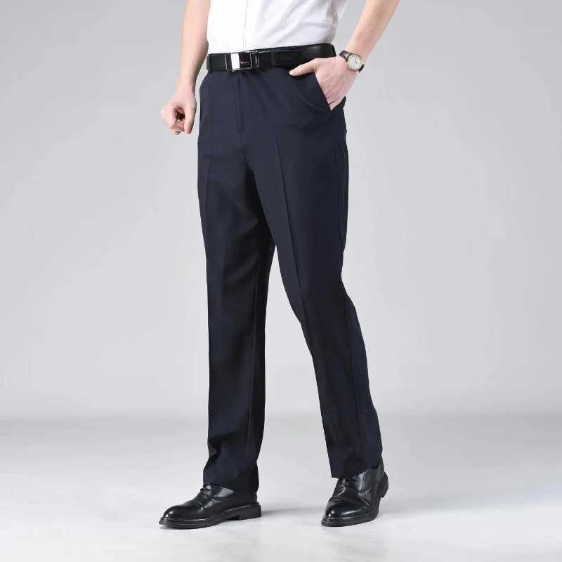 Simplicity Summer Solid Ice Silk Pants Mens Quick Drying Zip Fastener Pockets Smart Casual High Waist Straight Suit Trousers W250225