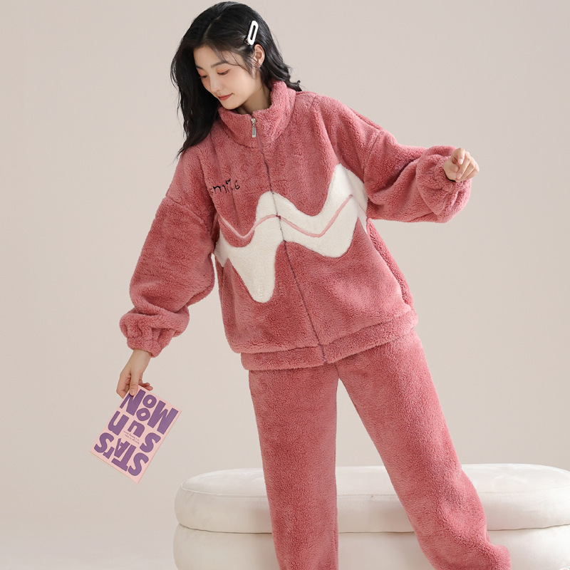 B724-New style pajamas for women autumn and winter warm thick high collar sweet home clothes coral fleece can be worn outside suit