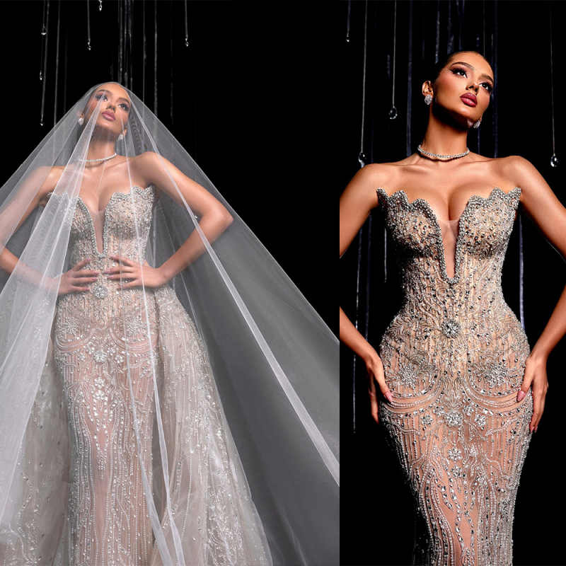 Illusion Stunning Evening Dress With Detachable Tail Vogue Beaded Sequins Customized Prom Charming Women Special Occasions Wear Plus Size Vestido de n