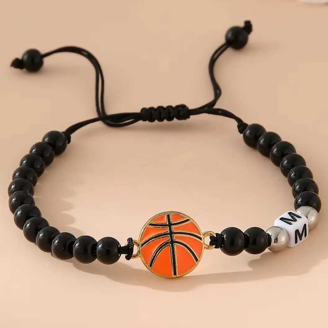 ZIRUISP New Basketball Black Shiny Beads Bracelets For Men And Women With 26 Name Initials A-Z Jewelry GiftsXJ250225