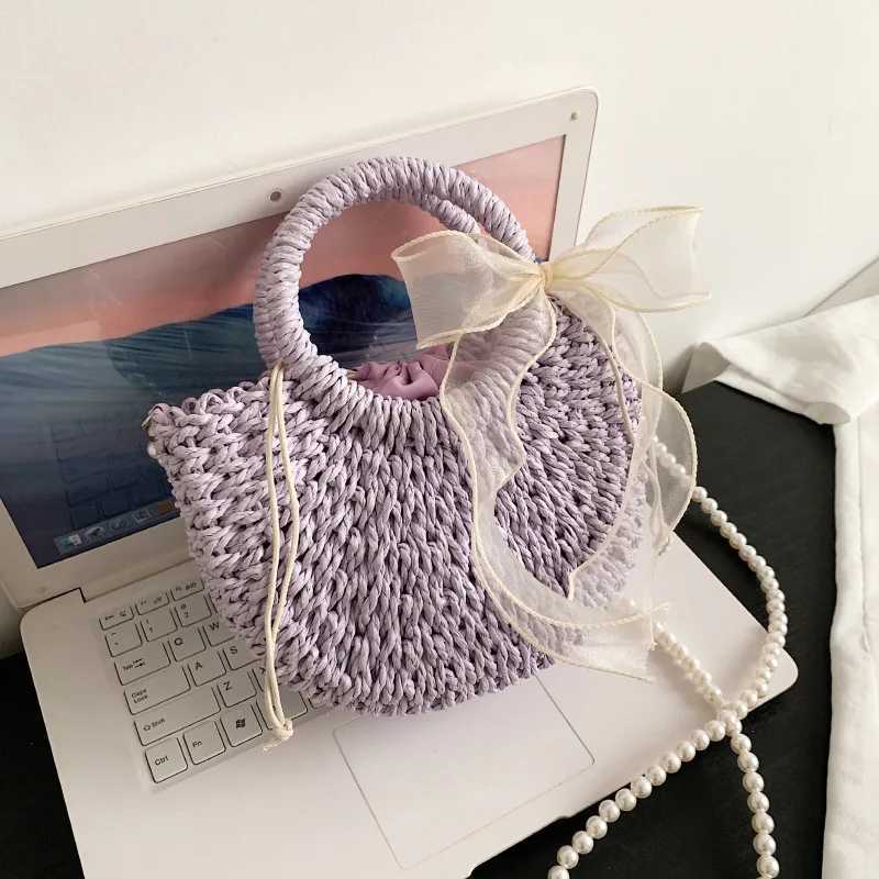 Pearl Bow Decor Straw Bag For Women Handmade Woven Top-handle Bag Vacation Seaside Beach Bag Basket Casual Shoulder Bags Basket