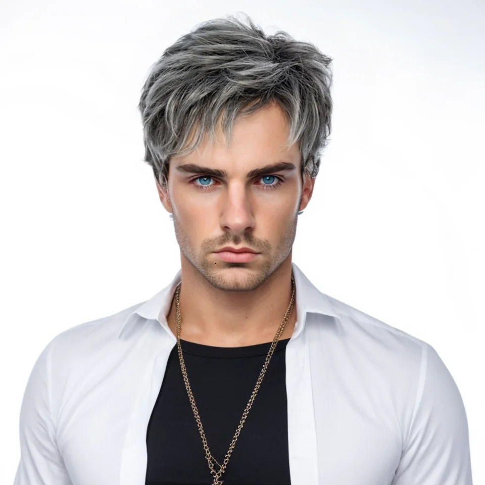 Gray and White Mens synthetic Wigs Fashion Mens Short Hair Cosplay Man Hair for daily use 250224