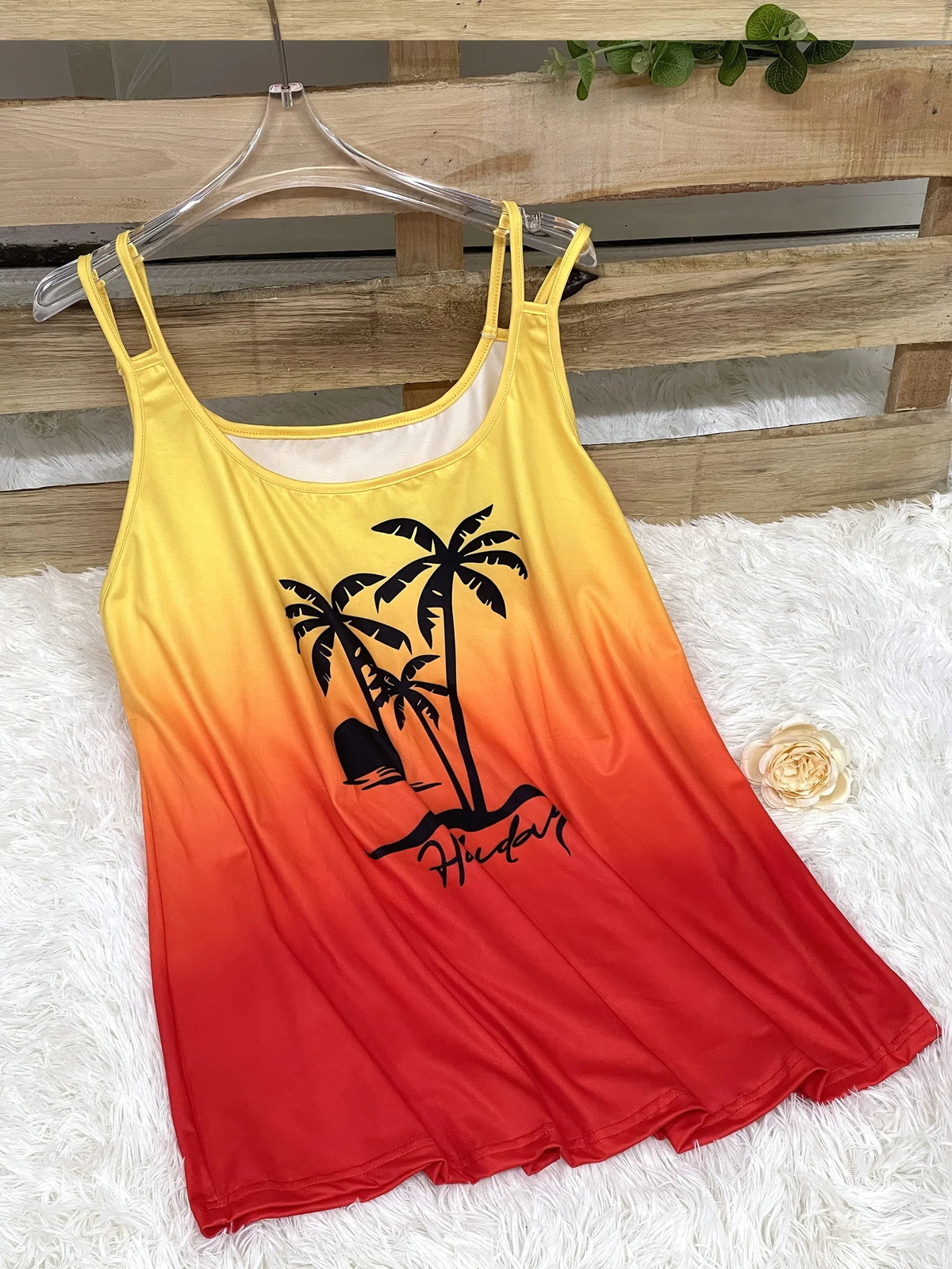 Plus Size Womens Summer Tank Top Gradient Sunset Palm Tree Print Sleeveless Casual Loose Fit Holiday Beachwear 250224