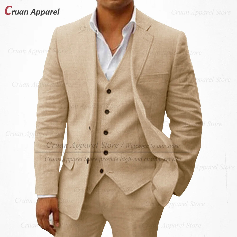 20 Colors Classic Beige Linen Suits Men Set Beach Wedding Groom Suit Summer Casual White Business Jacket Vest Pants 250222