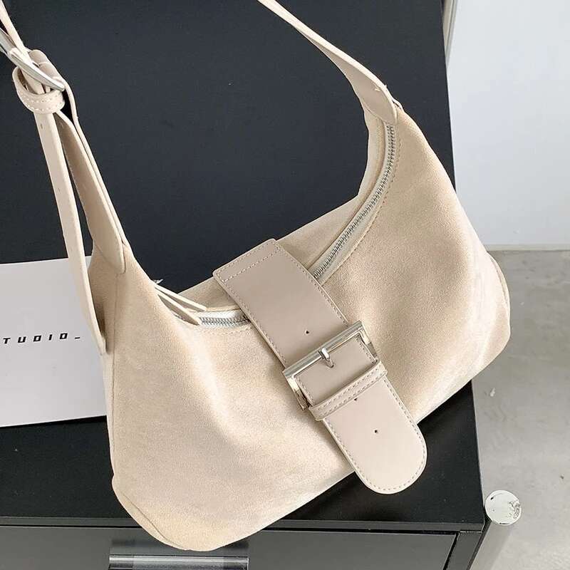 Korean Faux Suede Hobos Bags For Women Designer Handbags And Purses 2023 New In Belt Buckle Underarm Shoulder Messenger