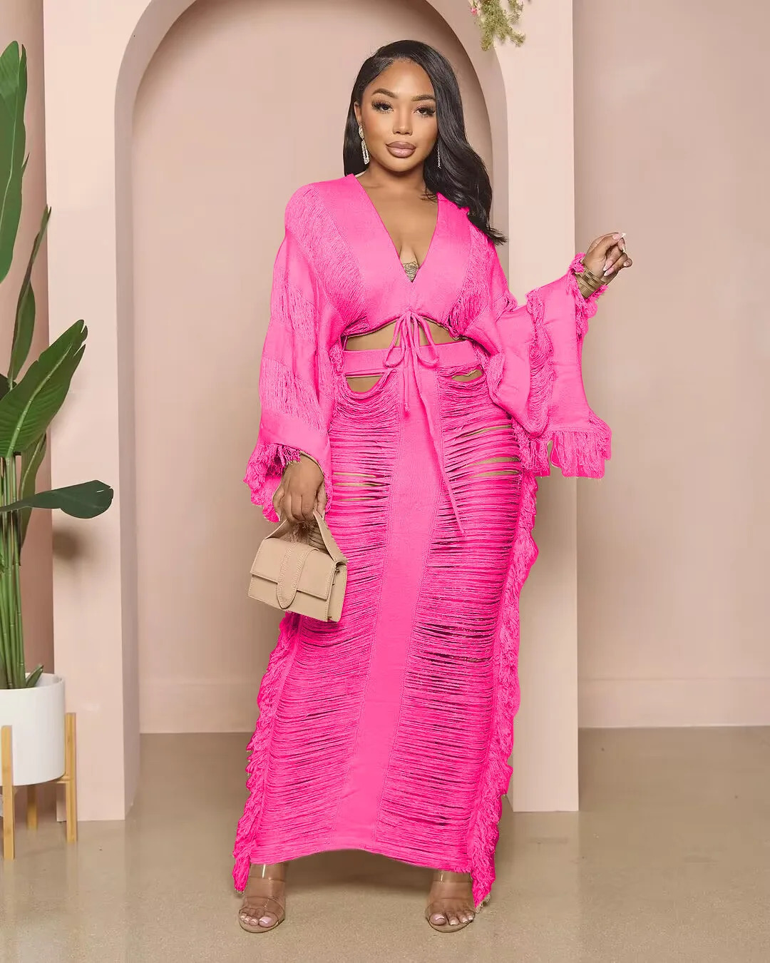 Crochet Two Piece Skirt Sets Knitted Dress Summer Women Clothes Sexy Elegant Knit Fringe Tassel Dress 2 Piece Set Outfit 250224