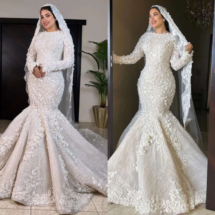 Stunning Mermaid Muslim Wedding Dresses Plus Size Lace Appliqued Bridal Gowns Long Sleeves Jewel Neck Sweep Train Middle East Vestido De Novia