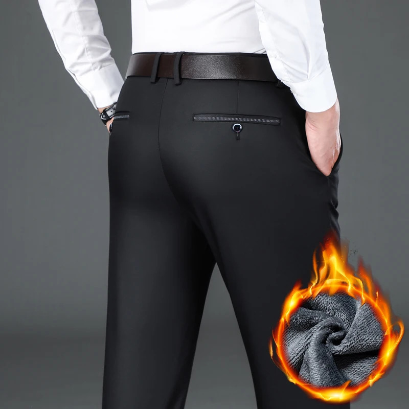 Flannel Thick Mens Casual Pants Navyblue Winter Fleece Business Stretch Warm Plush Trousers Slim Straight Male Pants 250214