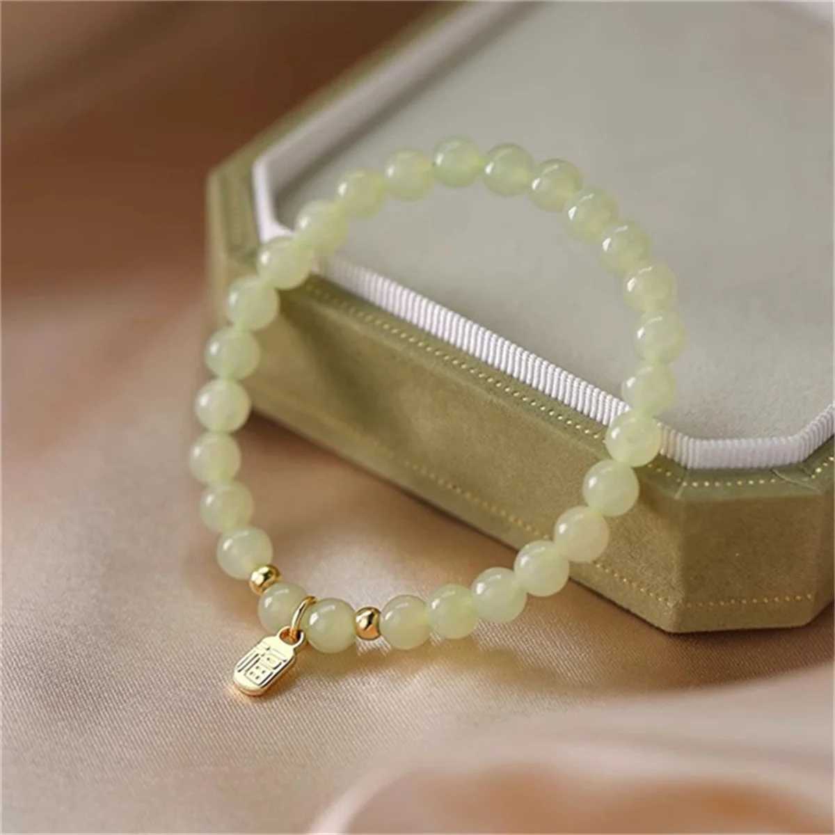 Imitation Hetian Jade Little Green Beads Lucky Bracelet For Women Exquisite Imitation Pearl Chinese Bamboo Flower Bangle JewelryXJ250225