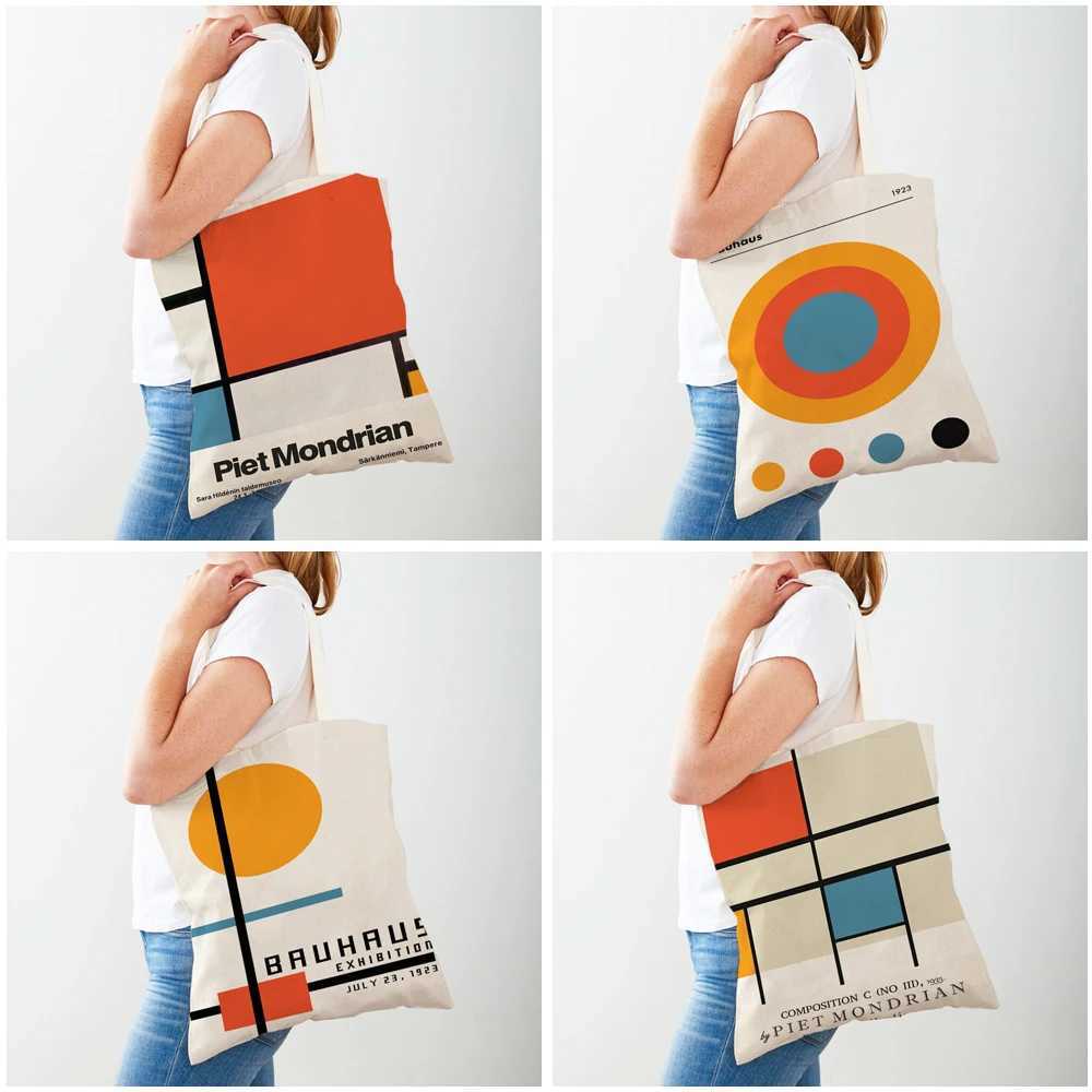 Piet Mondrian Geometric Line Color Block Double Printing Shopping Bag Womens Shopping Bag Womens Canvas Handbag Reusable Travel Bag Z250224