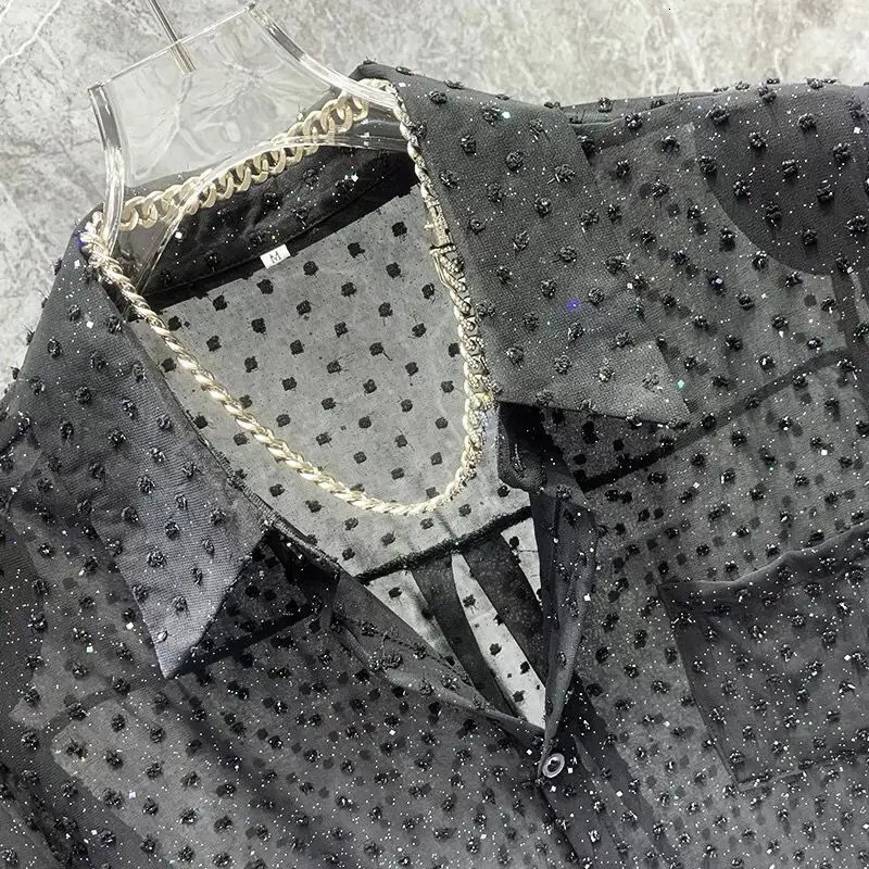 Spring and summer no ironing breathable sunscreen long sleeved mens shirt Ins sense shiny hollow nightclub fashion top 250222