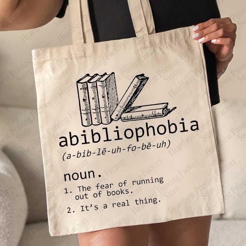 Abibliophobia Pattern Handbag Canvas Shoulder Bag Book Enthusiast Reader Gift Female Reusable Shopping Bag Book Worm Gift Z250224