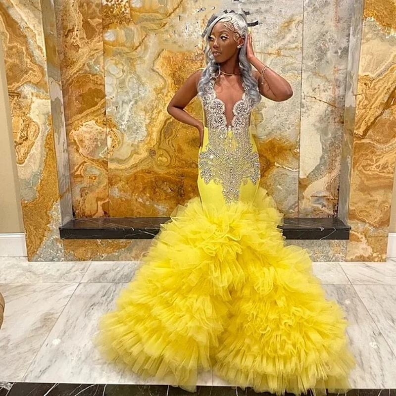 2025 Crystals Beaded Mermaid Prom Dresses Ruffles Tiered Pageant Party Dress African Glitter Special Occasion Evening Gown Custom made