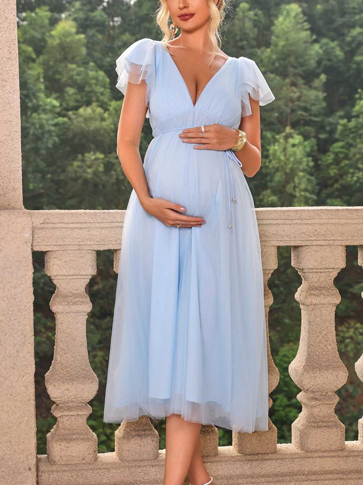 ItsRoya Double Layer Solid Mesh Maternity Dress V Neck Backless Ruffle Photography Props Dresses Loose Pregnant Women Clothing X250224