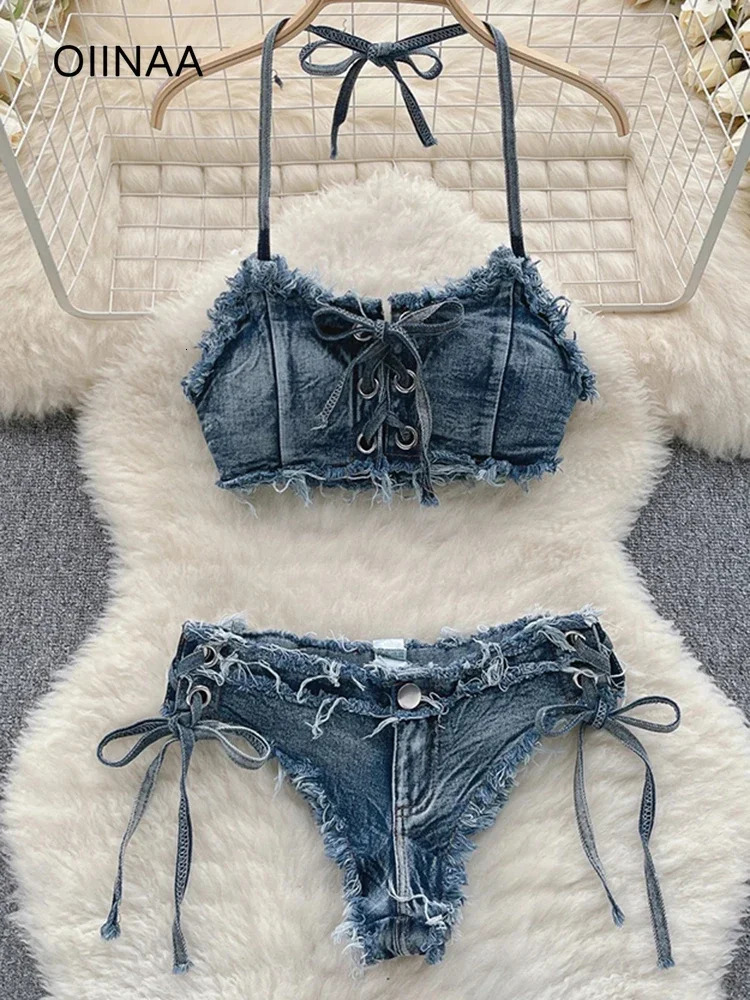 OIINAA Bathing Suit Women Sexy Denim Suits Bikini Set Lace Up Drawstring Beachwear 2024 Solid Summer Vintage Two-pieces Swimwear 250224