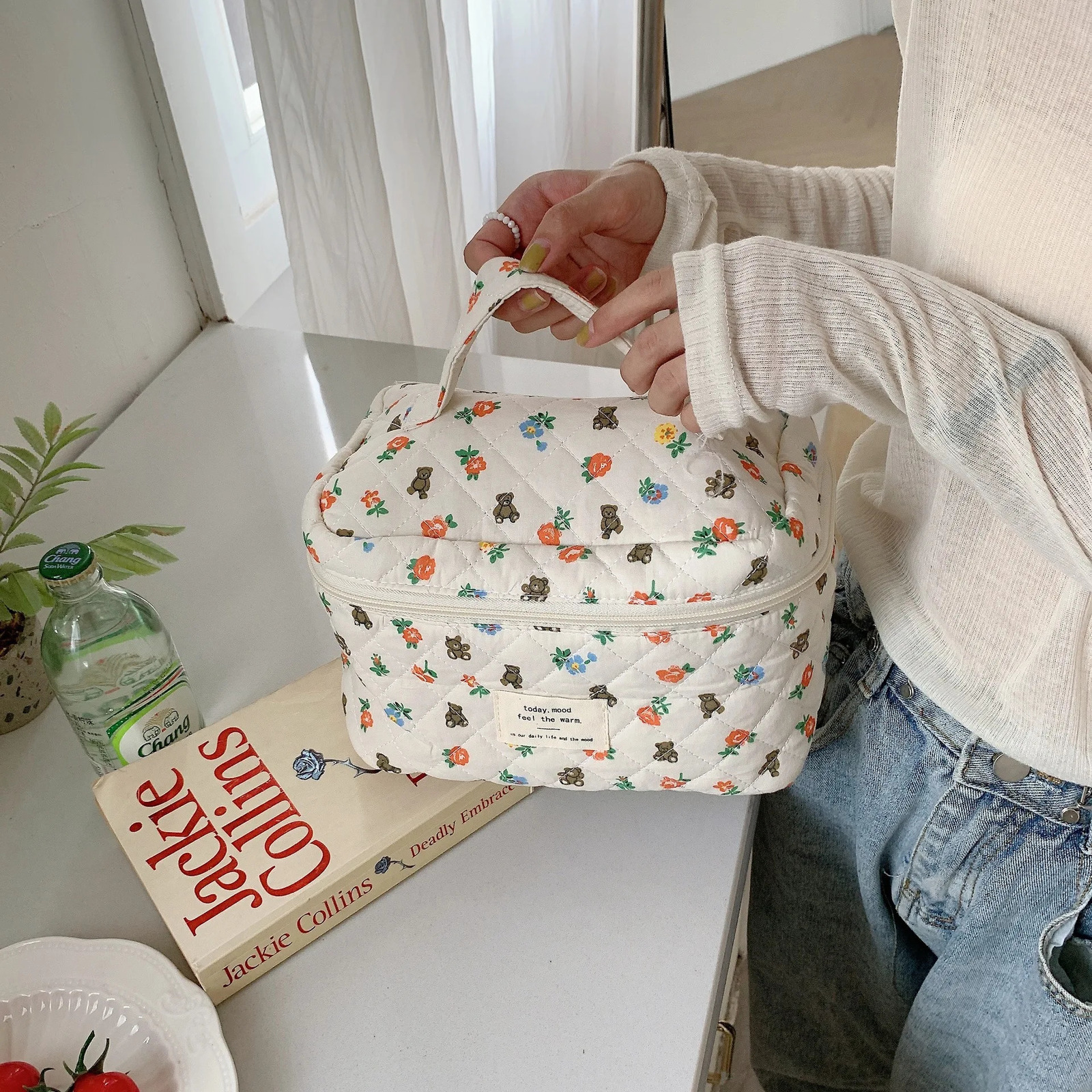 Cute Quilting Cotton Makeup Bag Women Zipper Cosmetic Organizer Travel Essentials Pouch Handbag Box Shape Ladies Toiletry Case 250224